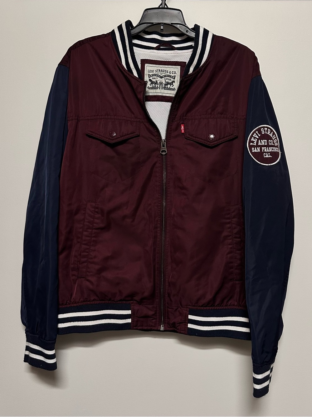 Levi's Burgundy and Navy Two-Tone Varsity Bomber Jacket
